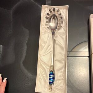 Murano Blue Silver Striped Glass Handle Pasta Server